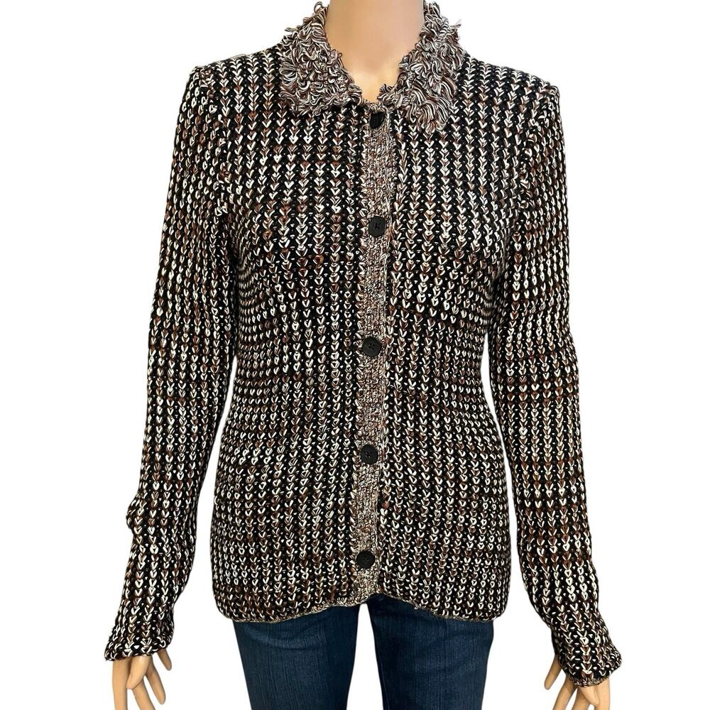 90s VTG Michael Simon Crochet Knit Cardigan Medium Fringe Collar Artsy Retro